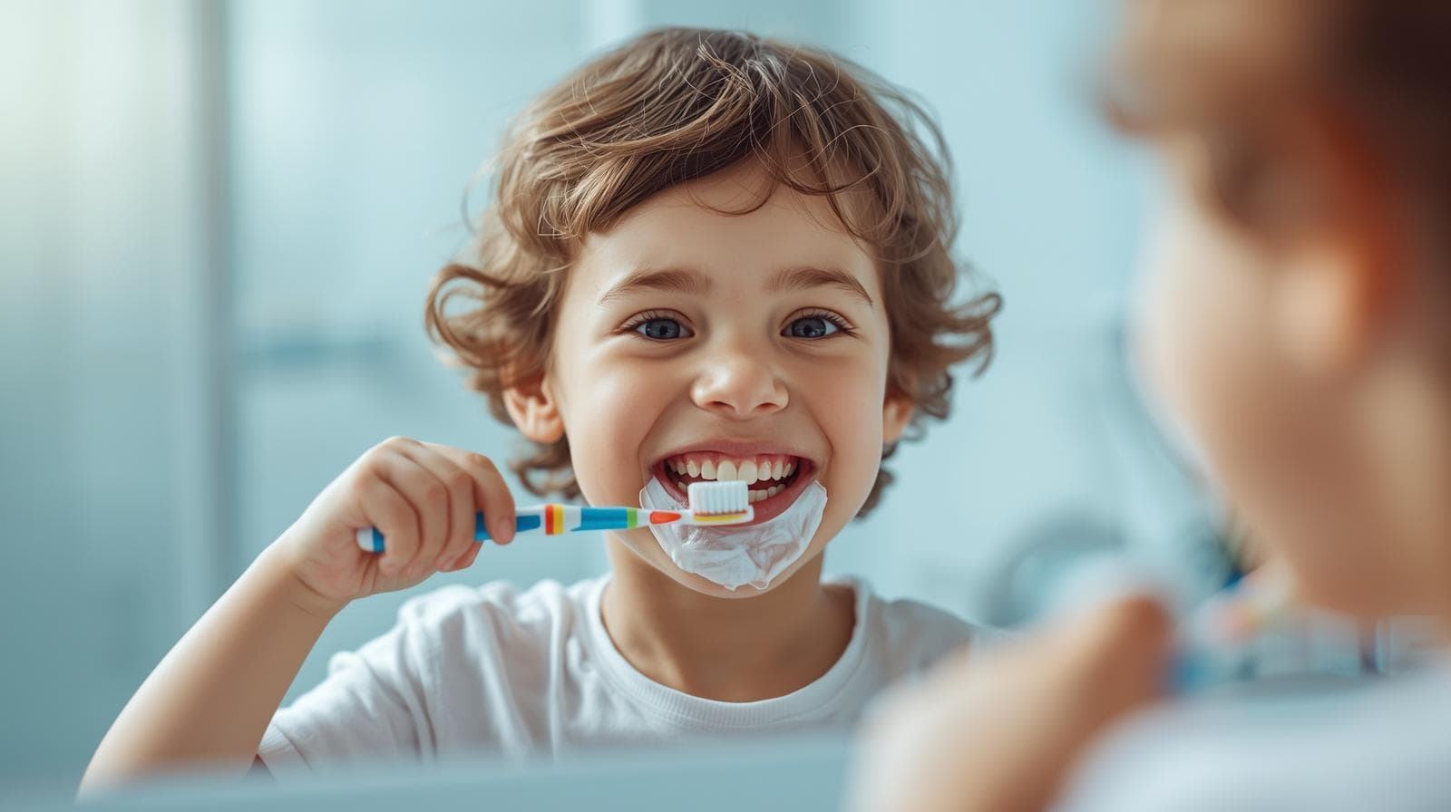 Cute child brushing teeth properly, kids dental care and oral hygiene.