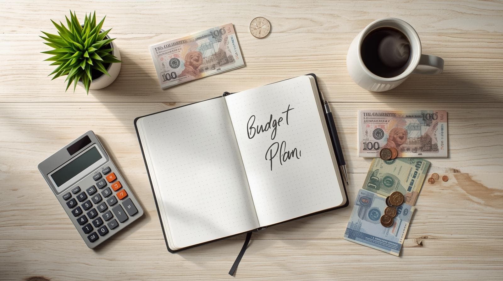 Smart money management concept with budget planner notebook and calculator.