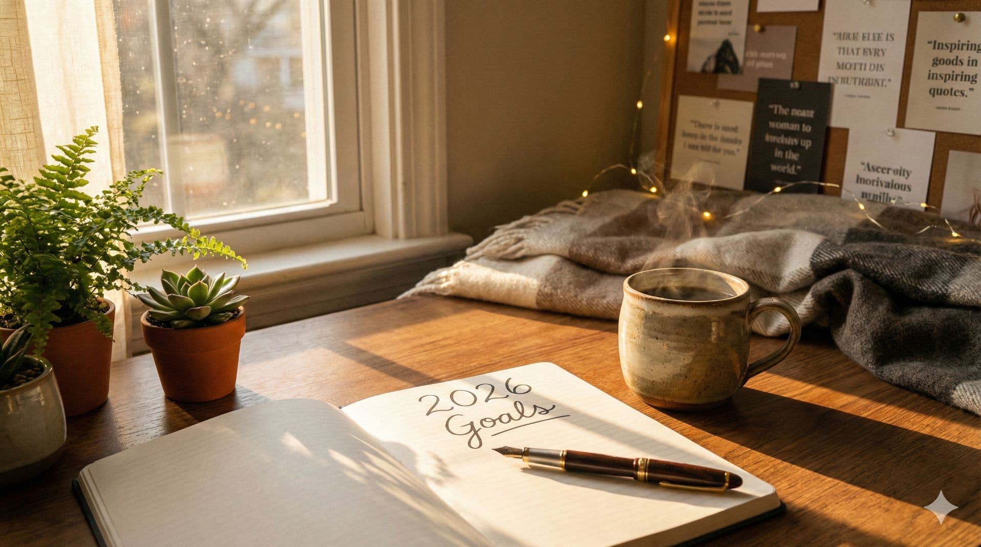 New Year 2026 resolutions planning diary on a desk with coffee.