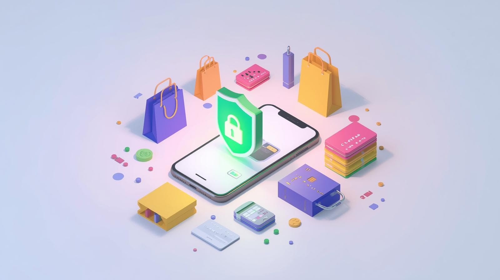 Secure online shopping concept with a shield icon on a smartphone, representing safety tips against scams.